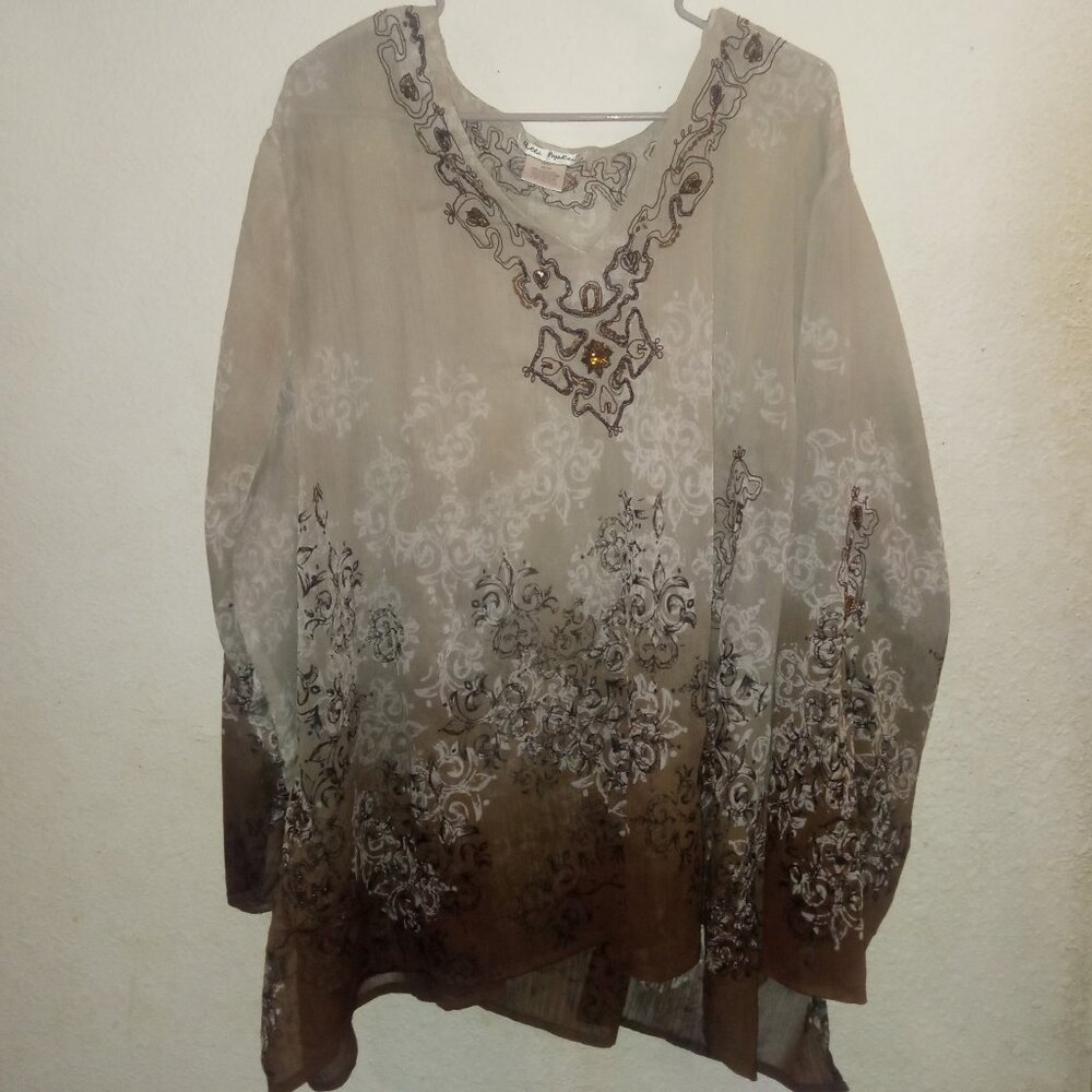 Ulla Popken sheer beaded coffee color top/ tunic